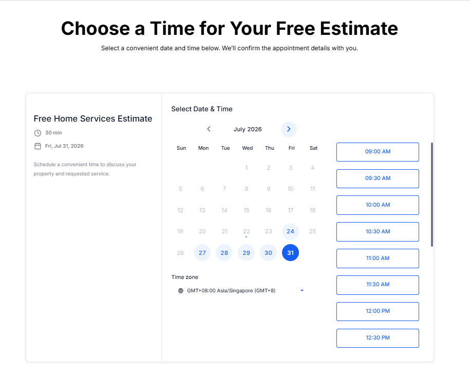 GoHighLevel calendar booking page titled Choose a Time for Your Free Estimate with date and time selection.