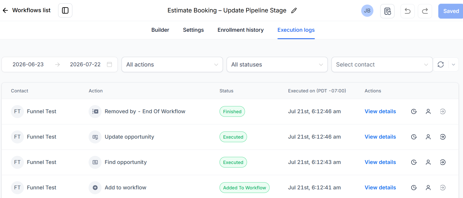 Workflow execution log for the Funnel Test contact showing Add to workflow, Find opportunity, Update opportunity, and End of Workflow steps completing successfully.
