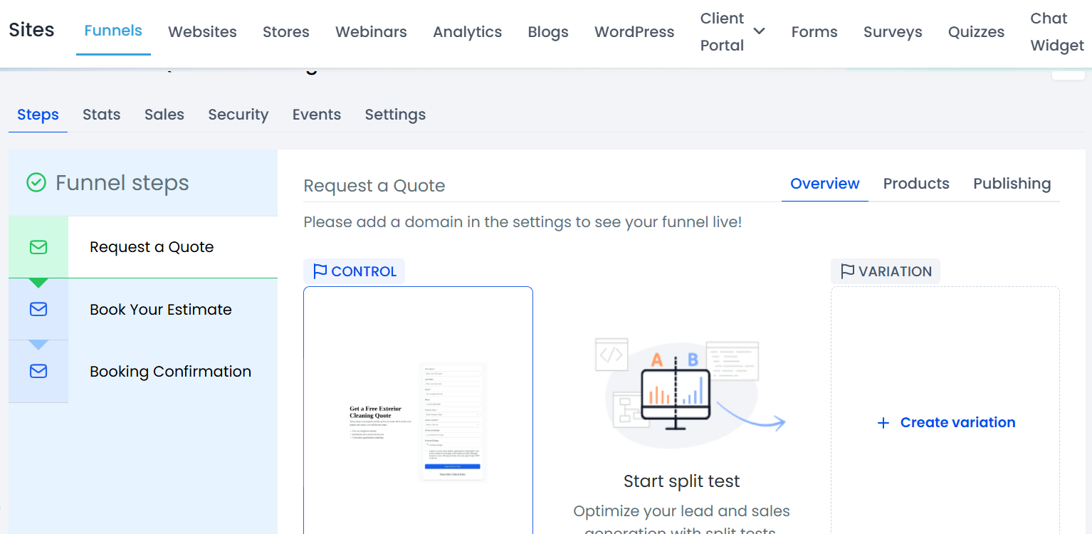 GoHighLevel funnel builder showing three connected steps: Request a Quote, Book Your Estimate, and Booking Confirmation.