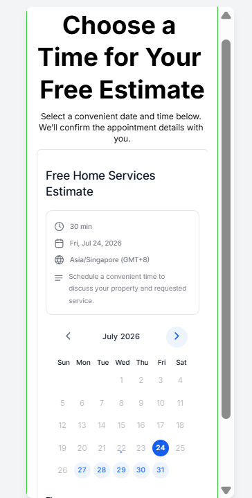 Mobile view of the Choose a Time for Your Free Estimate booking calendar rendered at phone width.