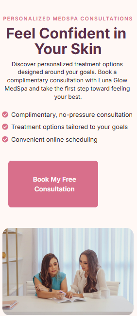 Mobile view of the Luna Glow MedSpa landing page with the 'Feel Confident in Your Skin' headline, benefits list, Book My Free Consultation CTA, and hero image stacked in a single column.